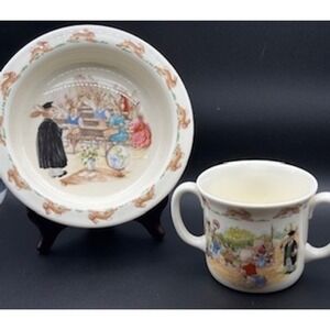 Vtg Royal Doulton Bunnykins 2pc Set‎ Rimmed Bowl & Two Handle Cup